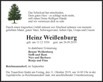 Traueranzeige von Heinz Weißenburg von Ostthüringer Zeitung