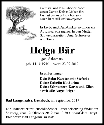 Traueranzeige von Helga Bär von Ostthüringer Zeitung, Thüringische Landeszeitung