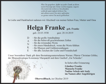 Traueranzeige von Helga Franke von Ostthüringer Zeitung