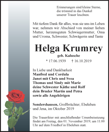 Traueranzeige von Helga Krumrey von Thüringer Allgemeine