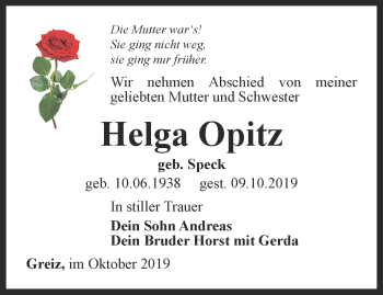 Traueranzeige von Helga Opitz von Ostthüringer Zeitung