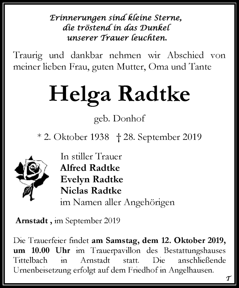  Traueranzeige für Helga Radtke vom 05.10.2019 aus Thüringer Allgemeine