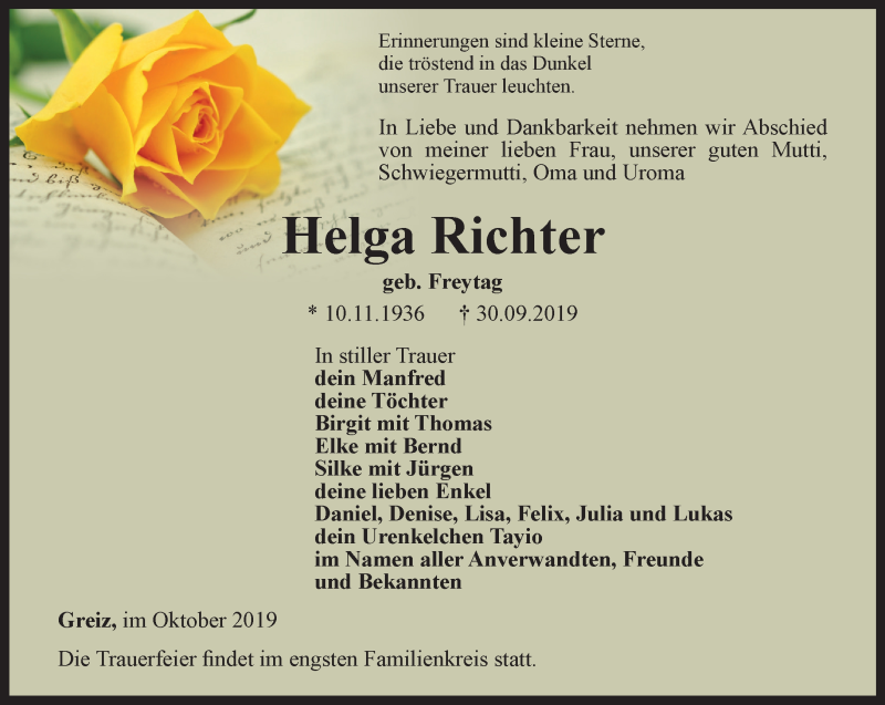  Traueranzeige für Helga Richter vom 05.10.2019 aus Ostthüringer Zeitung