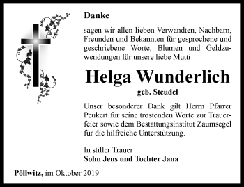 Traueranzeige von Helga Wunderlich von Ostthüringer Zeitung