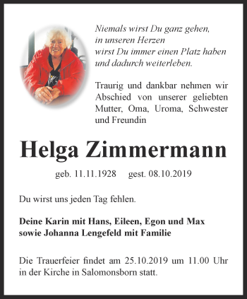 Traueranzeige von Helga Zimmermann von Ostthüringer Zeitung, Thüringische Landeszeitung