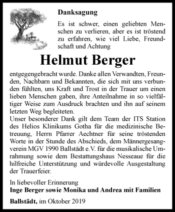 Traueranzeige von Helmut Berger von Ostthüringer Zeitung, Thüringische Landeszeitung