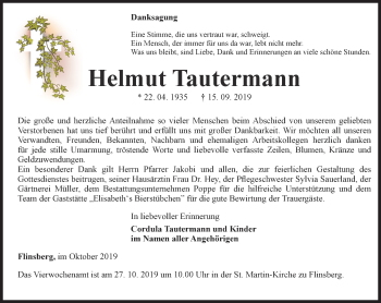 Traueranzeige von Helmut Tautermann von Thüringer Allgemeine