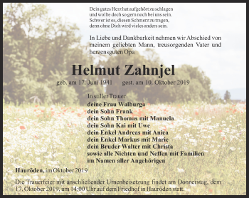 Traueranzeige von Helmut Zahnjel von Thüringer Allgemeine