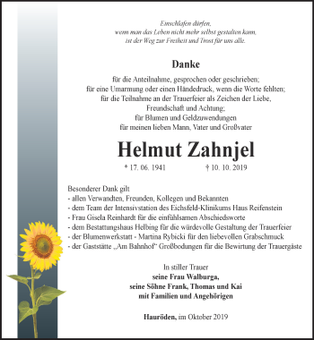 Traueranzeige von Helmut Zahnjel von Thüringer Allgemeine