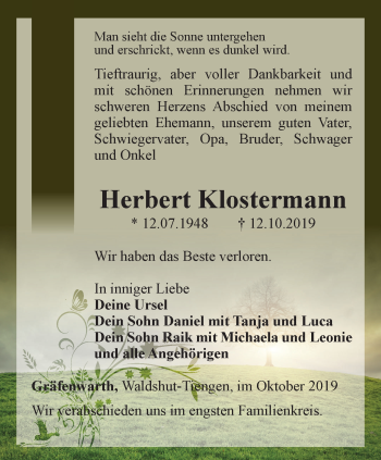 Traueranzeige von Herbert Klostermann von Ostthüringer Zeitung