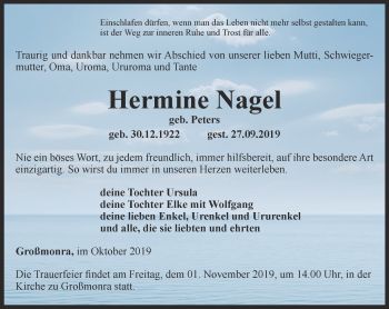 Traueranzeige von Hermine Nagel von Thüringer Allgemeine