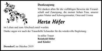 Traueranzeige von Herta Höfer von Ostthüringer Zeitung, Thüringische Landeszeitung