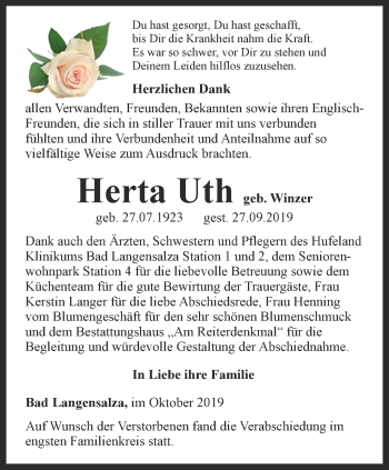 Traueranzeige von Herta Uth von Thüringer Allgemeine, Thüringische Landeszeitung