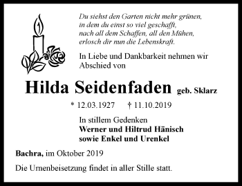 Traueranzeige von Hilda Seidenfaden von Thüringer Allgemeine