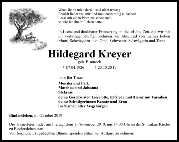 Traueranzeige von Hildegard Kreyer von Thüringer Allgemeine, Thüringische Landeszeitung