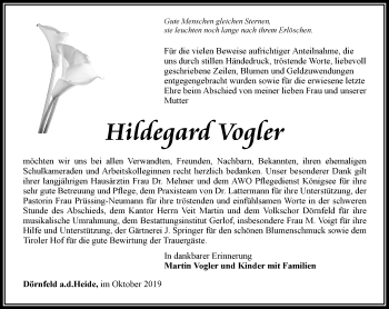 Traueranzeige von Hildegard Vogler von Ostthüringer Zeitung