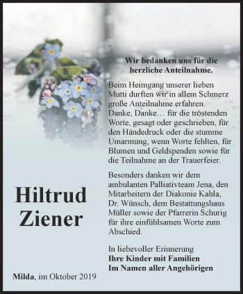 Traueranzeige von Hiltrud Ziener von Ostthüringer Zeitung, Thüringische Landeszeitung