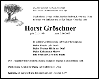 Traueranzeige von Horst Gröschner von Ostthüringer Zeitung