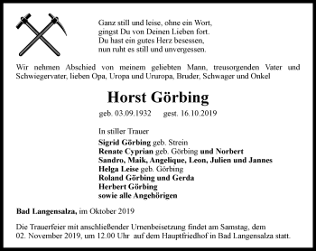 Traueranzeige von Horst Görbing von Thüringer Allgemeine, Thüringische Landeszeitung