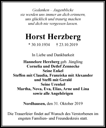 Traueranzeige von Horst Herzberg von Thüringer Allgemeine