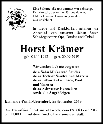 Traueranzeige von Horst Krämer von Thüringer Allgemeine