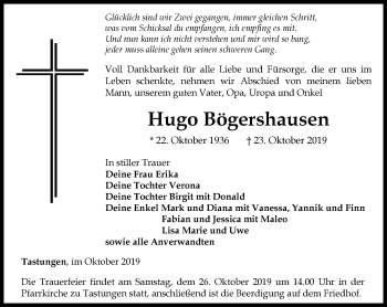 Traueranzeige von Hugo Bögershausen von Thüringer Allgemeine