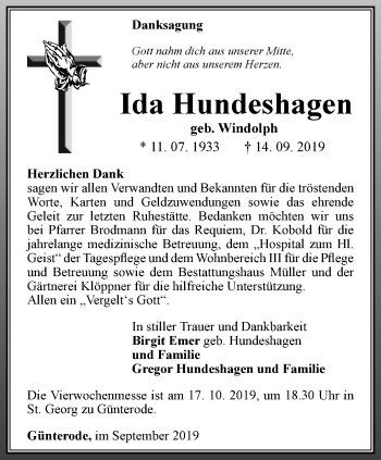 Traueranzeige von Ida Hundeshagen von Thüringer Allgemeine