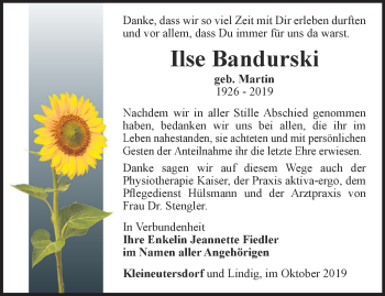 Traueranzeige von Ilse Bandurski von Ostthüringer Zeitung, Thüringische Landeszeitung