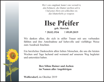 Traueranzeige von Ilse Pfeifer von Ostthüringer Zeitung