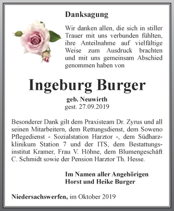 Traueranzeige von Ingeburg Burger von Thüringer Allgemeine