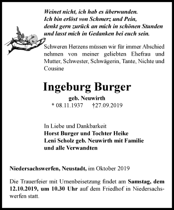 Traueranzeige von Ingeburg Burger von Thüringer Allgemeine