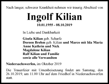 Traueranzeige von Ingolf Kilian von Thüringer Allgemeine