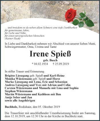 Traueranzeige von Irene Spieß von Thüringer Allgemeine