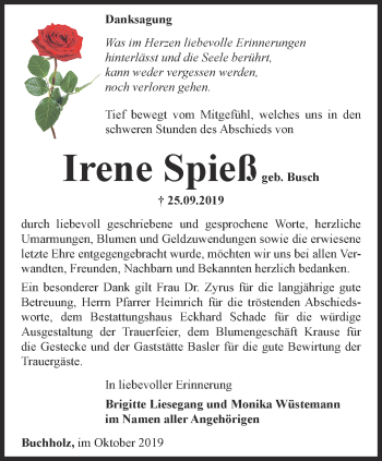 Traueranzeige von Irene Spieß von Thüringer Allgemeine