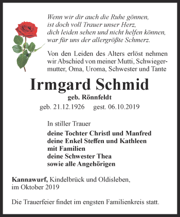 Traueranzeige von Irmgard Schmid von Thüringer Allgemeine