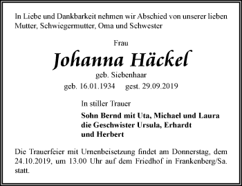 Traueranzeige von Johanna Häckel von Ostthüringer Zeitung