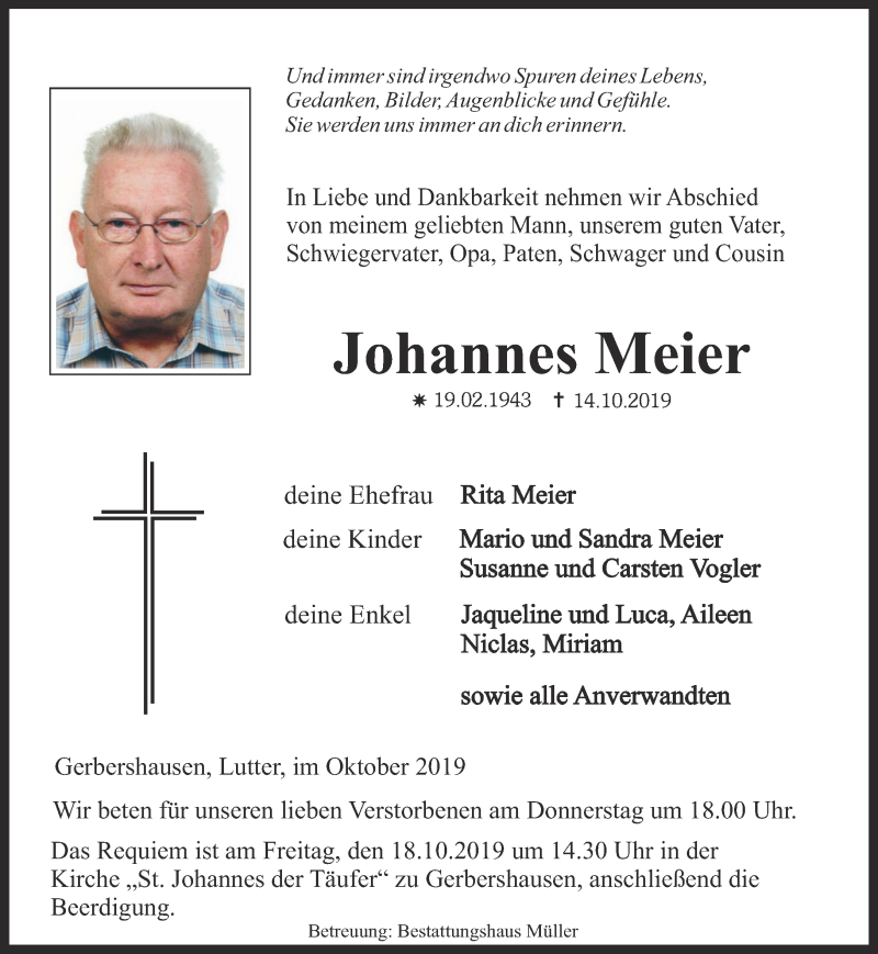  Traueranzeige für Johannes Meier vom 16.10.2019 aus Thüringer Allgemeine