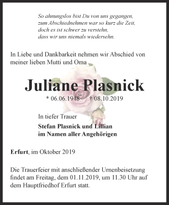 Traueranzeige von Juliane Psnick von Thüringer Allgemeine, Thüringische Landeszeitung