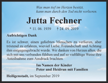 Traueranzeige von Jutta Fechner von Thüringer Allgemeine