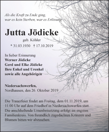 Traueranzeige von Jutta Jödicke von Thüringer Allgemeine