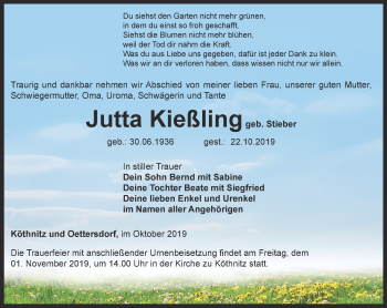 Traueranzeige von Jutta Kießling von Ostthüringer Zeitung