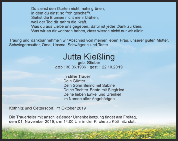 Traueranzeige von Jutta Kießling von Ostthüringer Zeitung