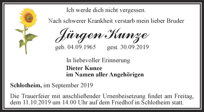  Traueranzeige für Jürgen Kunze vom 05.10.2019 aus Thüringer Allgemeine, Thüringische Landeszeitung