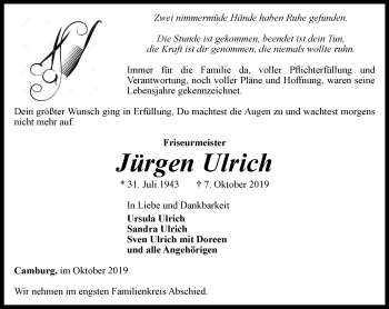 Traueranzeige von Jürgen Ulrich von Ostthüringer Zeitung, Thüringische Landeszeitung