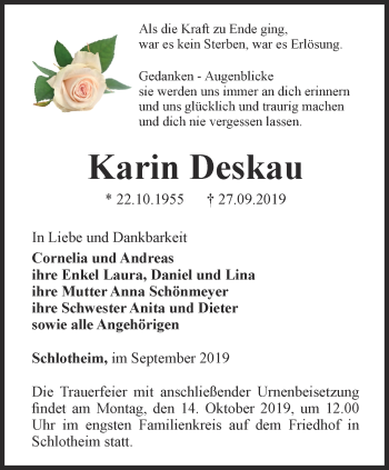 Traueranzeige von Karin Deskau von Thüringer Allgemeine, Thüringische Landeszeitung