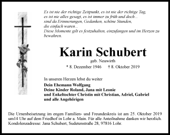 Traueranzeige von Karin Schubert von Ostthüringer Zeitung