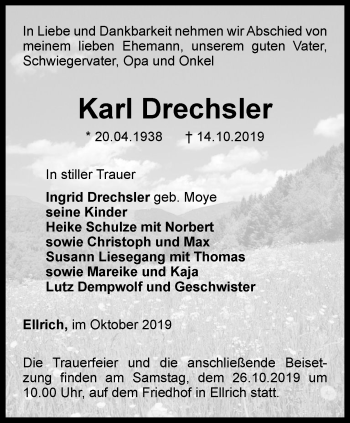 Traueranzeige von Karl Drechsler von Thüringer Allgemeine