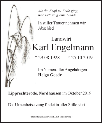 Traueranzeige von Karl Engelmann von Thüringer Allgemeine