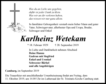 Traueranzeige von Karlheinz Wetekam von Ostthüringer Zeitung, Thüringische Landeszeitung