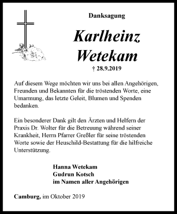 Traueranzeige von Karlheinz Wetekam von Ostthüringer Zeitung, Thüringische Landeszeitung